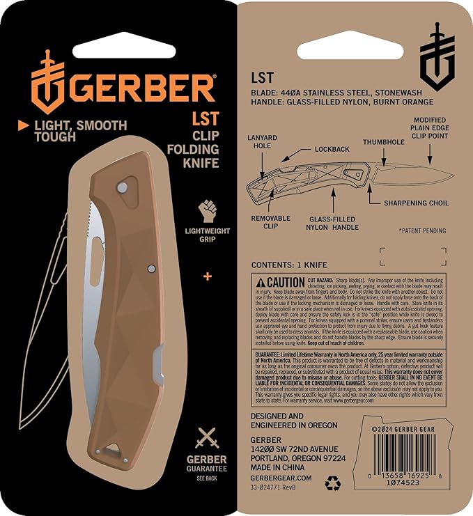 Gerber Gear LST - EDC Pocket Knife - Survival Tactical Tool for Travel Camping &amp Outdoor Adventure - Lightweight &amp Compact Folding Knife - Stainless Steel Blade - Orange