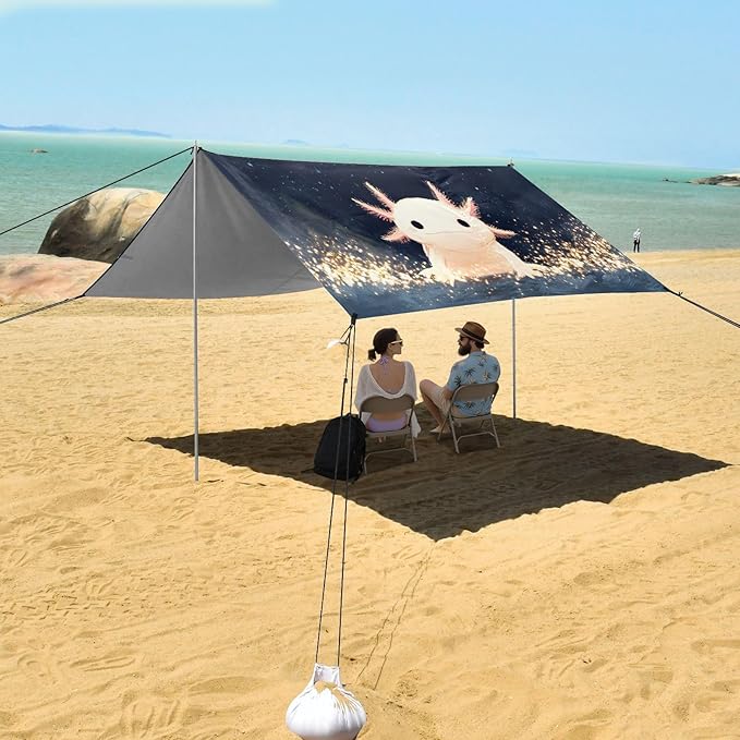 ALAZA Cute Axolotl Stars Beach Tent Sun Shelter UPF50+ Protection Beach Shade Canopy w/ 4 Sandbags for Outdoor Camping Fishing Backyard Fun Picnic 10x9 ft