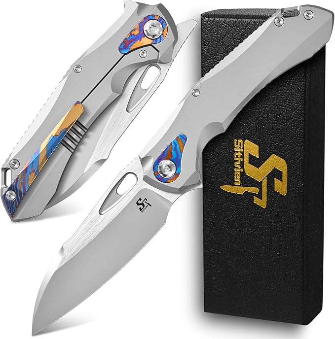 Sitivien ST276 Folding Knife M390 Steel Blade Titanium and Timascus Inlaid Handle Knife with Safety Lock Frame Lock for Outdoor Camping Hiking Survival