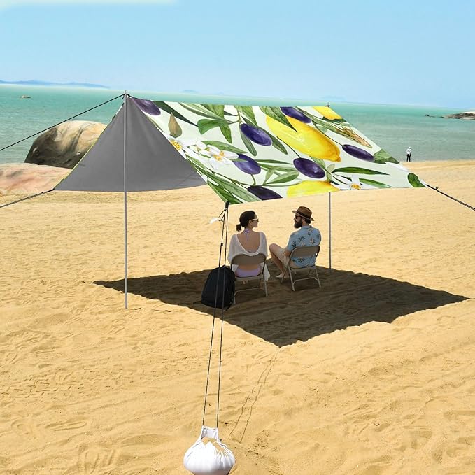 Beach Canopy with Windproof Ropes &amp Sandbags Beach Tent Sun Shade Sun Shelter for Camping Trips Fishing Backyard Fun or Picnics Lemon