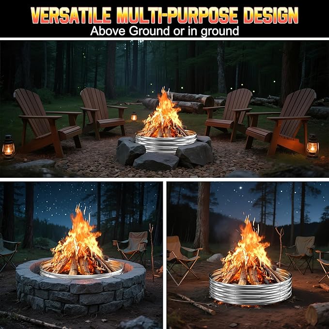 60 Inch Fire Pit Ring 5FT Galvanized Steel 12 Raised Heavy Duty Wood Burning Fire Pits&ampOutdoor Fireplace Heat Resistant Campfire Ring with Spark Guard for Outdoor Backyard Patio &amp Camping