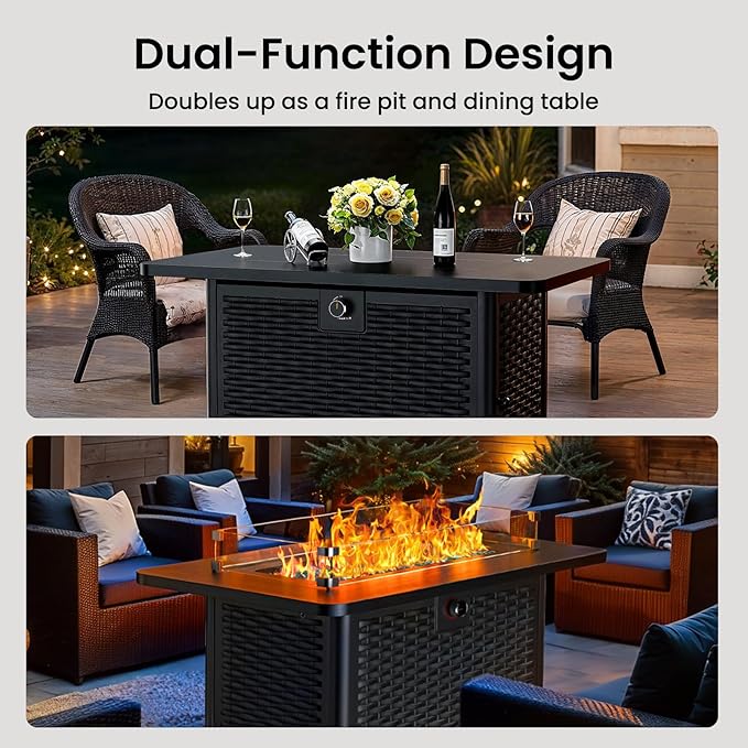 Ciays 43 Rectangular Propane Fire Pit with RGB Lighting Strip – 60000 BTU Gas Fire Pit Table Glass Stones Wind Guard Adjustable Flame Outdoor Fire Pit for Patio &amp Garden Black