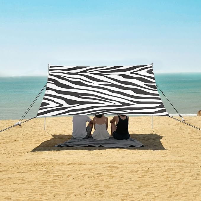 ALAZA White Black Tiger Prints Beach Tent Sun Shelter UPF50+ Protection Beach Shade Canopy w/ 4 Sandbags for Outdoor Camping Fishing Backyard Fun Picnic 10x9 ft