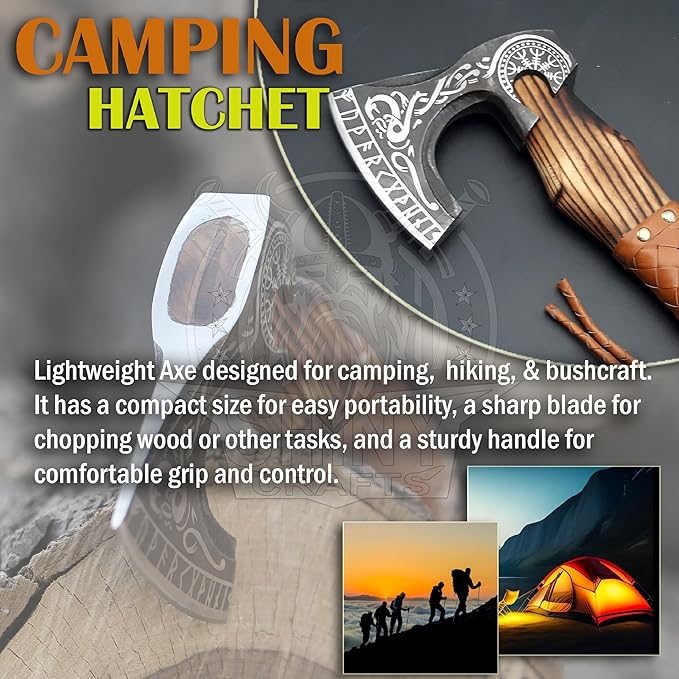 SHINY CRAFTS® Handcrafted Decorative Viking Axe with Leather-Wrapped Handle &amp Sheath – Engraved Blade – Ceremonial Collectible Gift for Men Warriors History Buffs Cosplay &amp Display (VBA-06)
