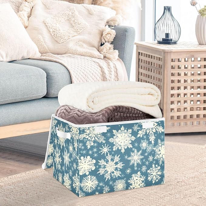 Pretty Christmas Snowflakes Blue Storage Box with Lid 1 PC Foldable Storage Bin with Lids Stackable Storage Bins Cube Closet Organizer Basket with Flip-Top Lid &amp Handles for Shoes Books Towels