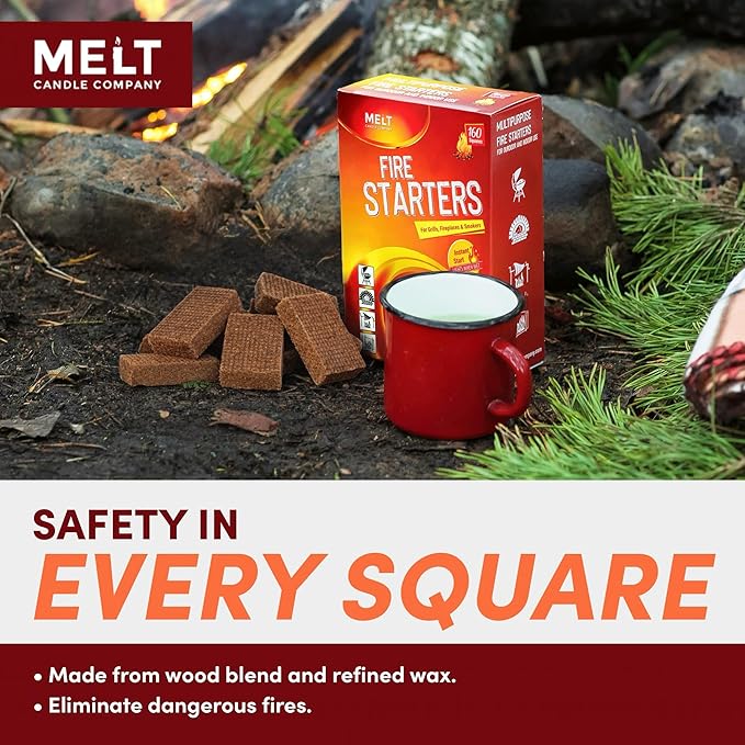 Fire Starter Squares 160 pcs - Charcoal Fire Starters for Campfires Grill Outdoor Pit Fireplace Wood Stove BBQ - Firestarter Sticks Water Resistant &amp Odorless - Camping Accessories Essentia