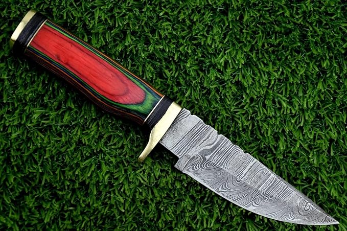 8-Inch Hand-Forged Damascus Steel Hunting Knife Fixed Blade Skinning Design with Leather Sheath Multicolor Wood Handle Brass Guard Twist Pattern Blade for Camping (Multi Color)