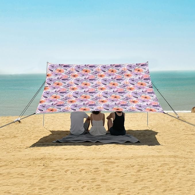 ALAZA Purple Orange Poppy Beach Tent Sun Shelter UPF50+ Protection Beach Shade Canopy w/ 4 Sandbags for Outdoor Camping Fishing Backyard Fun Picnic 10x9 ft