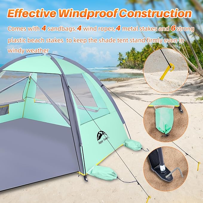 Happy Travel Beach Tent UPF 50+ UV Protection Sun Shade Shelter for 3/4/5/6/7/8 Person Portable Beach Canopy for Family &amp Baby Lightweight &amp Easy Setup Beach Cabana with 3 Ventilation Mesh