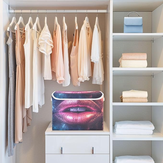 Shining Lip Storage Cube Bins Basket with Lid Collapsible Flip-top Fabric with Handle for Home Bedroom Closet Office 16.5×12.6×11.8 in