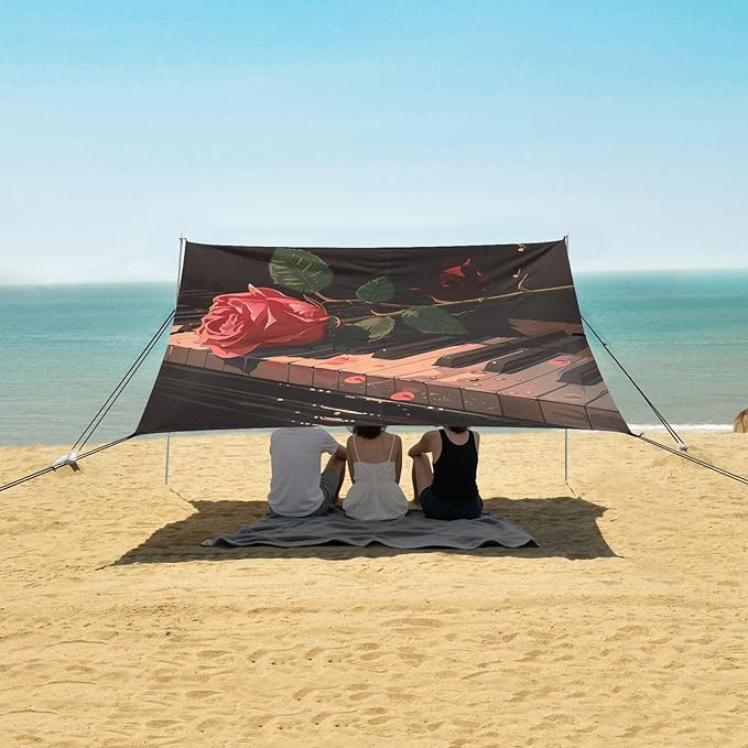 ALAZA Rose on Piano Musical Note Beach Tent Sun Shelter Portable Canopy Sunshade for Outdoor Camping Picnics Backyard Fun 10x9 ft