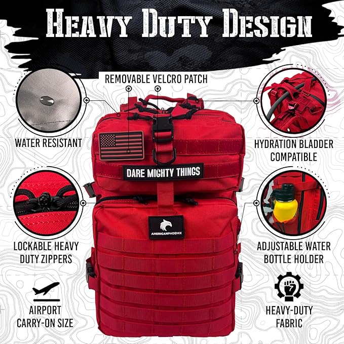 AMERICANPHOENIX 45L Elite Tactical Backpack | 3X Stronger Work &amp Military Backpack | Water Resistant and Heavy Duty | 3 Day MOLLE Bug Out Bag (Scarlet Sage)