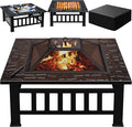 Greesum Multifunctional Patio Fire Pit Table 32in Square Metal BBQ Firepit Stove Backyard Garden Fireplace with Spark Screen Lid and Rain Cover for Camping Outdoor Heating Bonfire and Picnic Black