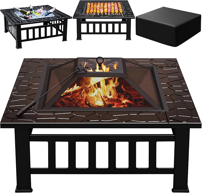 Greesum Multifunctional Patio Fire Pit Table 32in Square Metal BBQ Firepit Stove Backyard Garden Fireplace with Spark Screen Lid and Rain Cover for Camping Outdoor Heating Bonfire and Picnic Black