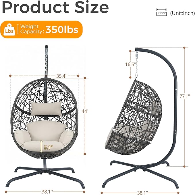 BULEXYARD Oversized Hanging Egg Chair with Stand Indoor Outdoor Grey Wicker Bird Cage Swing Chair Patio Hammock Swinging Chair with Beige Cushion for Balcony Porch 350lbs Capacity