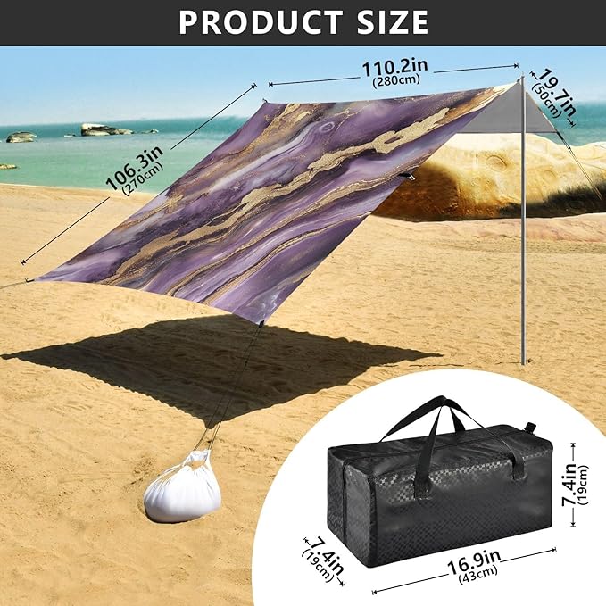 Purple and Gold Marble Texture Beach Tent &amp Canopy UPF50+ Protection Water-Resistant Sun Shelter with Sand Shovel for Backyard and Camping