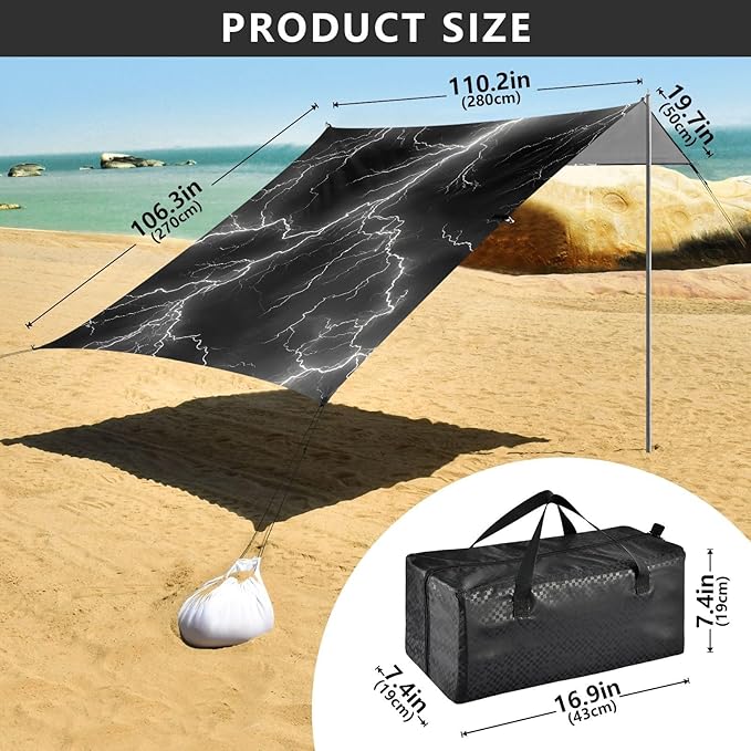 ALAZA Lightning Black Background Pattern Beach Tent Sun Shelter Portable Canopy Sunshade for Outdoor Camping Picnics Backyard Fun 10x9 ft