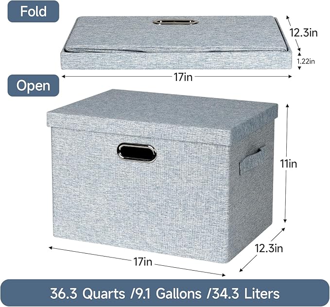 Graciadeco Large 17 36 Quart Collapsible Stackable Storage Bins with Lids 3 Packs Blue-Grey Linen Fabric Closet Boxes with Lids Storage Cube Baskets Container Organizers for Bedroom (17x12x11)