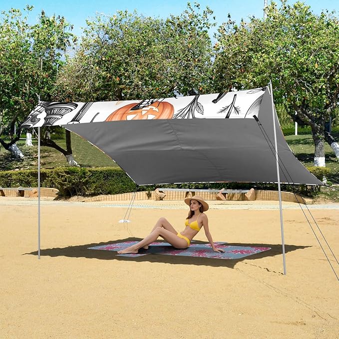 ALAZA Pumpkin Skull Pattern Beach Tent Sun Shelter Portable Canopy Sunshade for Outdoor Camping Picnics Backyard Fun 10x9 ft
