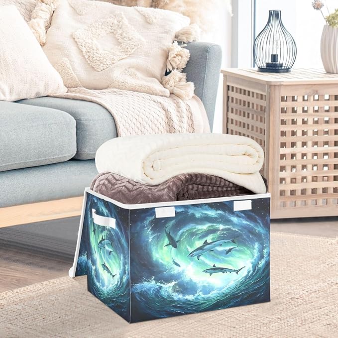 MNSRUU Containers Baskets with Lids Aurora Shark Fabric Foldable Storage Bins Organizer with Lid Collapsible Storage Boxes for Home Bedroom Closet Office