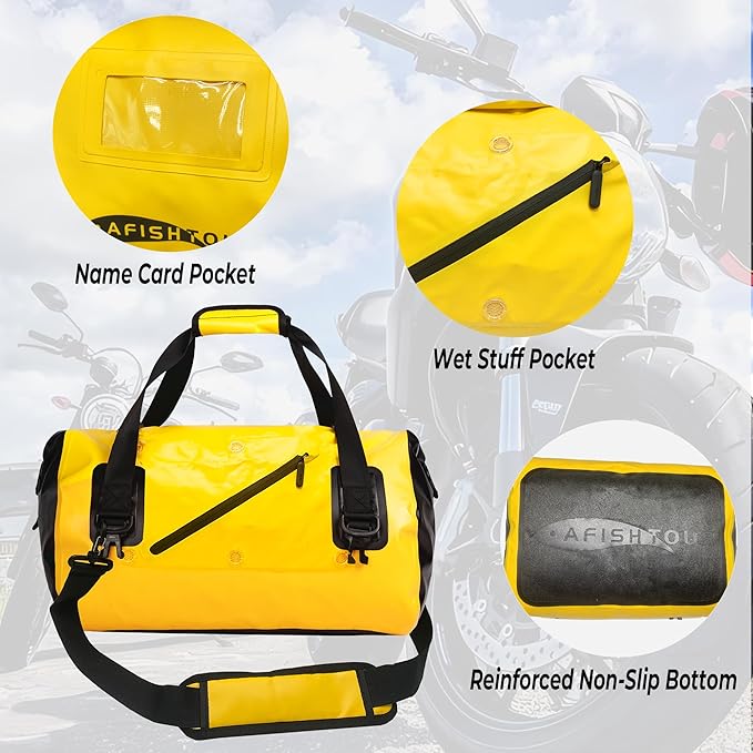 40L Waterproof Motorcycle Duffel Bag - Motorcycle Luggage Tail Bag with Straps for Back Seat - Roll Top Dry Bag for Kayaking Rafting Boating Camping Travel Beach (Yellow)