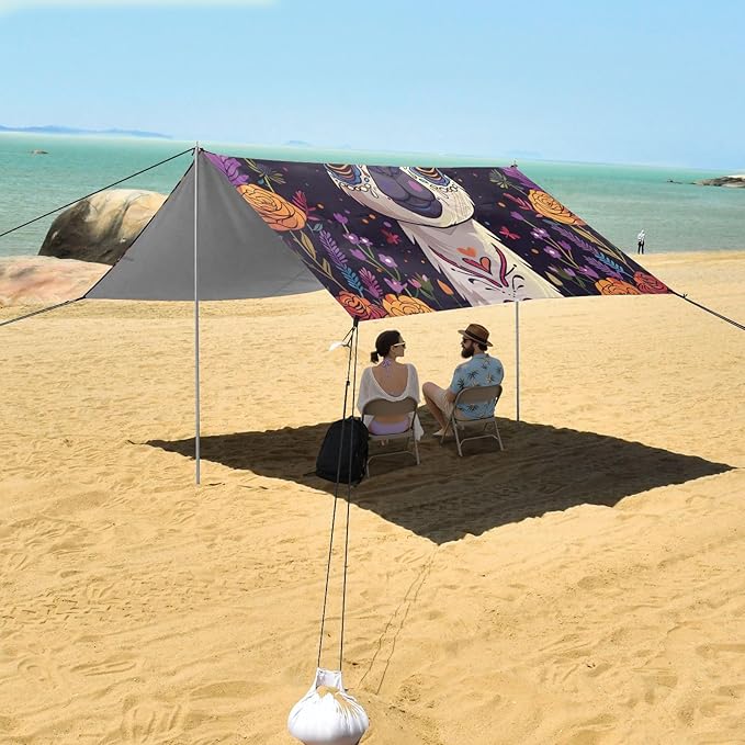 ALAZA Day of The Dead Llama Alpaca Beach Tent Sun Shelter UPF50+ Protection Beach Shade Canopy w/ 4 Sandbags for Outdoor Camping Fishing Backyard Fun Picnic 10x9 ft