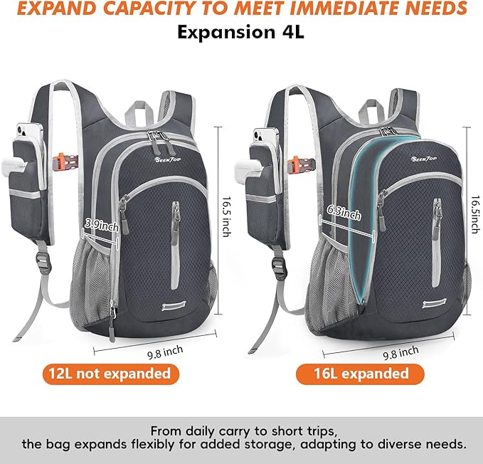 Seektop Small Hiking Backpack Expandable 12L-15L Lightweight Packable Waterproof Daypack with Phone Pocket for Women Men