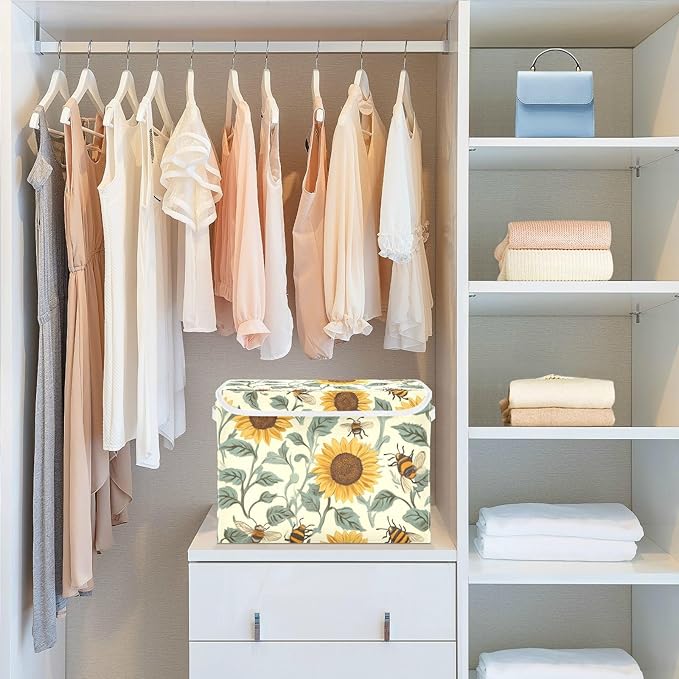 Collapsible Storage Bins with Lids Decorative Fabric Storage Cubes Closet Organizer and Storage Basket Boxes Containers for Clothes Box Chest Nursery Folding Rectangle Beige Bees Sunflower