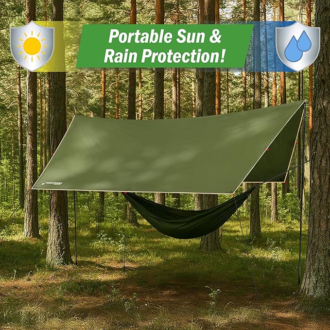 Camping Tarp with Poles - 15x12 Tarp for Camping or Hammock Rain Fly for Hiking Backpacking or Portable Survival Shelter UV Protection and 3000mm Water Resistant by Wakeman Outdoors (Green)
