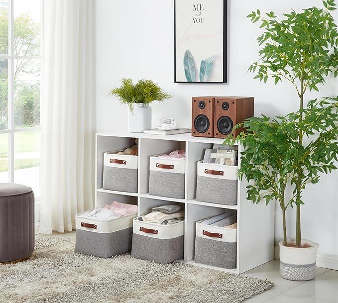 DECOMOMO Storage Baskets for Shelves - Fabric Storage Bins Linen Closet Organizers and Storage (Grey &amp White Large - 3 Pack)