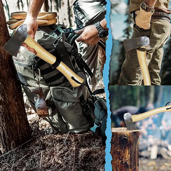 PRANDI Camping Hatchet 1.15lb - Hickory Handle 13in with Leather String - Ideal for Camping Travel and Bushcraft - Made in Italy