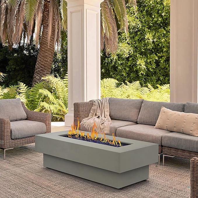Outdoor Low Profile Fire Table 48-inch Rectangle Propane Gas Fire Pit Table 50000 BTU Modern Firepit w/Lid Glass Rocks Cover Pre-Attached 10ft Propane Hose Flint Gray