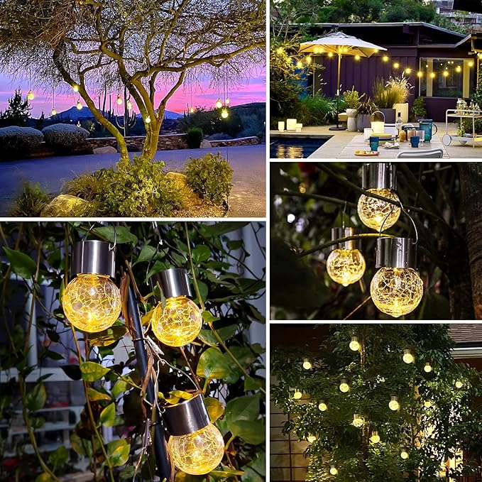 12Pack Hanging Outdoor Solar Lights - Decorative Cracked Glass LED Ball Lights Waterproof Tree Solar Powered Globe Lights with Handle for Garden Yard Patio Fence Christmas Decoration Warm White