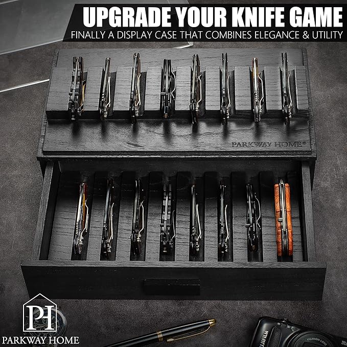 Black Pocket Knife Display Case with Sturdy Clear Cover - Wooden Knife Collection Case for 16 Knives - Two-Tier Knife Cases for Collections with a Removable Drawer Insert for Other EDC Items