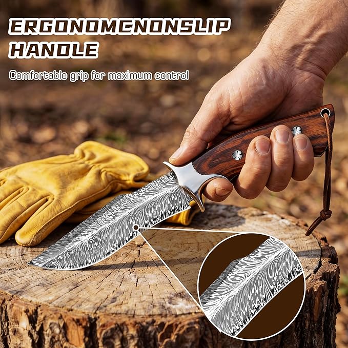 Hunting Knife with 4Cr13MoV Steel Blade &amp Wooden Handle - 10” Full Tang Fixed Blade for Outdoor Survival Camping BushcraftIncludes Leather Sheath