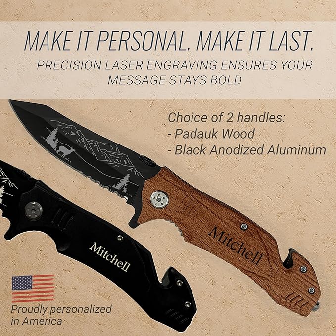 Personalized Pocket Knife for Men with Clip | Laser Engraved Hunting Design Folding Utility Tactical Switchblade for Camping Fishing Rescue | Custom Birthday Gift for Dad Husband Groomsmen Gifts