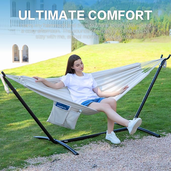 PNAEUT Double Hammocks with Stand for Outside Portable Space Saving Heavy-Duty Steel Stand for Indoor Outdoor Patio with Carrying Bag 450 lbs Capacity (Beige)