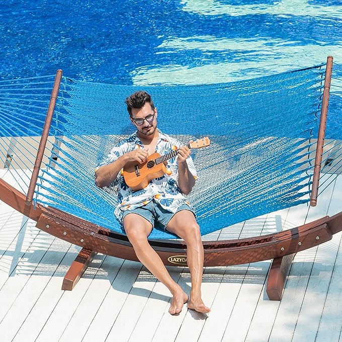 Lazy Daze Hammocks 10.5 FT Double 2 Person Caribbean Rope Hammock Hand Woven Polyester Hammock with Spreader Bars for Outside Outdoor Backyard Patio Poolside 450 LBS Capacity Sky Blue