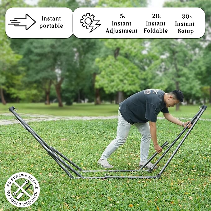 Tranquillo Uniki 550 lbs Capacity Double Hammock Stand Adjustable Collapsible Camping Hammock and Stand Signature Steel Stand Breathable Polyester Hammock Net Chevron