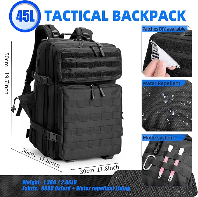 45L LUPU TACTICAL Backpack for Men and Women 3 Days Assault Pack Outdoor Travel Hiking Camping Rucksack with Molle Webbing (Black)