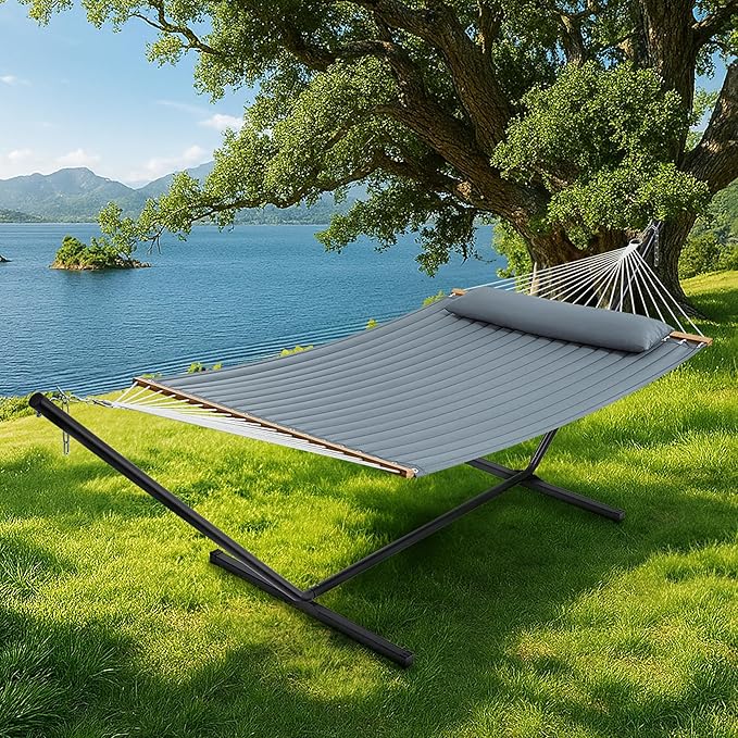 SUPERJARE Hammock with Stand 2 Person Quilted Outdoor Hammock Detachable Pillow &amp Bamboo Spreaders Portable Hammock with Carrying Bag Heavy Duty Stand Perfect for Outside Patio Neutral Gray