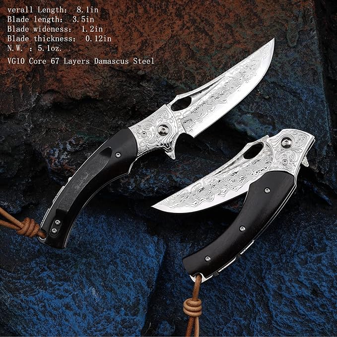 3.5 inch Japanese VG10 Damascus Steel Outdoor Folding Knife with Black Wood Handle Lined Lock EDC &amp Camping Use