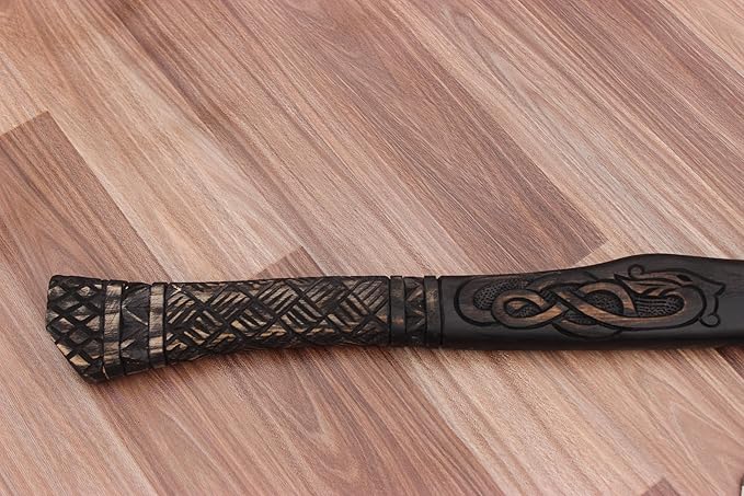 Handmade Wooden Axe with Intricate Carvings On Wooden Handle and Metal Head 19 inches The Axe Handle is When You Hold It