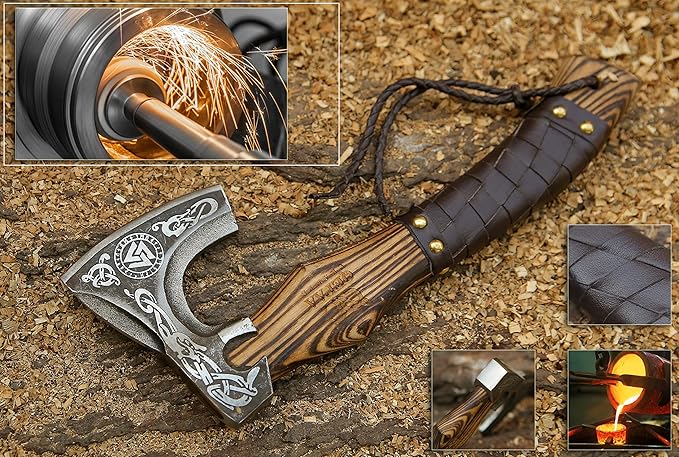 13” Inch Hand-Forged Viking Axe- Ash Wood Handle Hatchets and Axes with Leather Wrap Wood Splitting Axe Camping Axe Throwing Axes and Tomahawks - Gift for Him (Valknut)