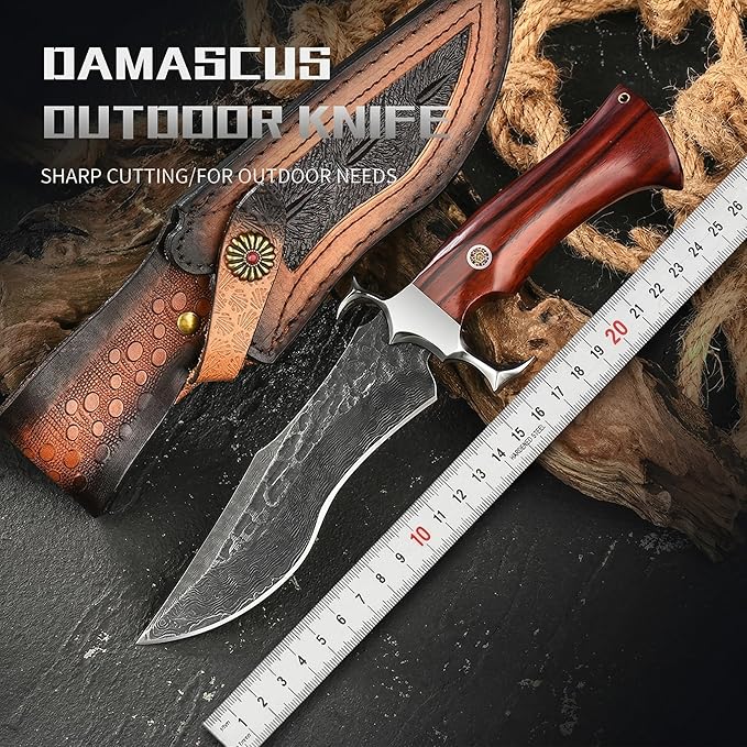 10.2 Fixed Blade Outdoor Hunting Knife Damascus Pattern 9Cr18 Stainless Steel Forged Blade with Hammered Finish Ergonomic Wood Handle &amp Embossed Leather Sheath Ideal for Camping Survival &amp