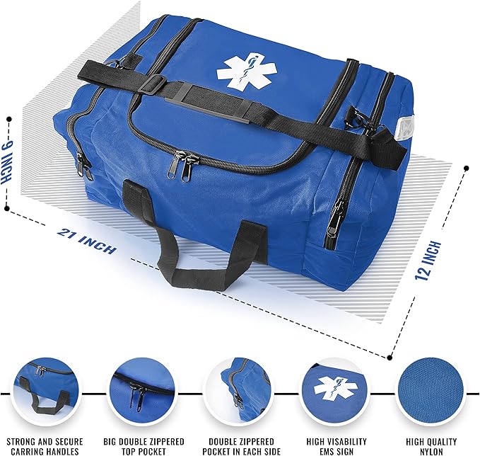 ASA TECHMED Large EMT First Responder Trauma Medical Bag Empty for Home 21x12x9 Inches Office School EMTs Paramedics First Responders Blue