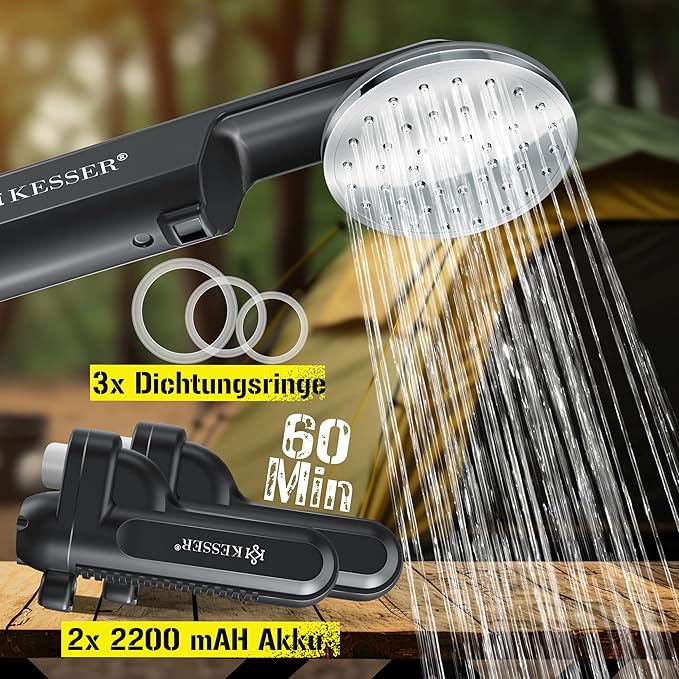 KESSER Camping Shower with Battery | Submersible Pump | Shower Head | 2 x 2200 mAh Lithium Batteries USB Charging Cable for Camping Garden Car