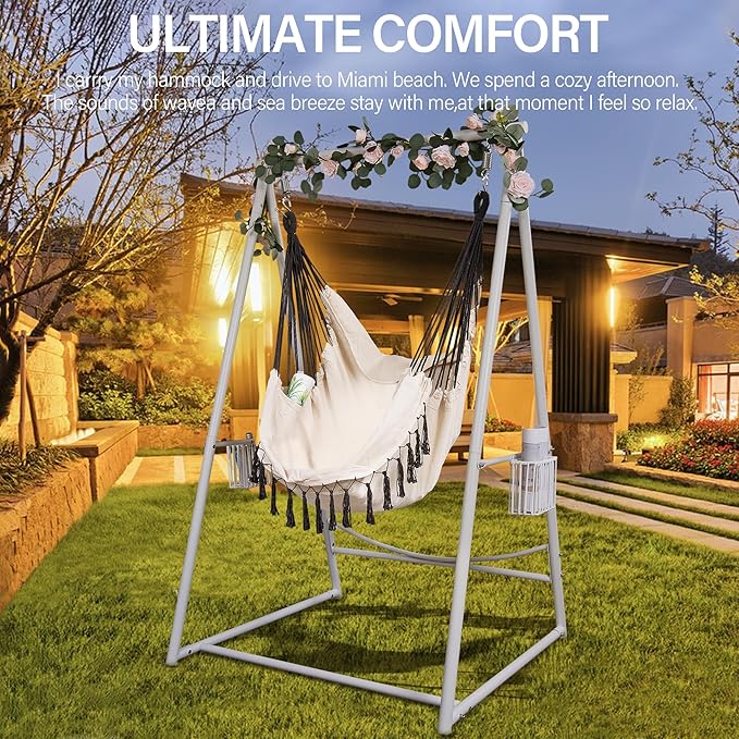 Hammock Chair Hanging Rope Swing &amp Stand Set with Two Holders Heavy Duty Hanging Stand with Three Hooks Multi-Use for Indoor Outdoor Patio Yard Garden(White &amp Khaki)