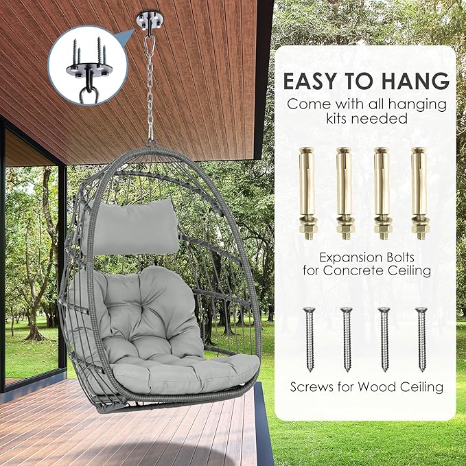 Hanging Egg Chair Without Stand - Foldable Indoor Outdoor Wicker Rattan Swing Egg Chair with Hanging Chain Hammock Chair - UV Resistant Cushions &amp Aluminum Frame for Bedroom Patio Camping (Grey)