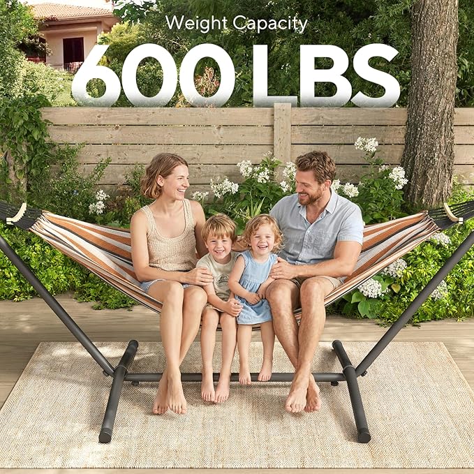 600lbs Hammock with Stand for Outside 2 Person Portable Hammock with Side Storage Carrying Bag Expend Wooden Bar for Outdoor or Indoor (Brown Black)